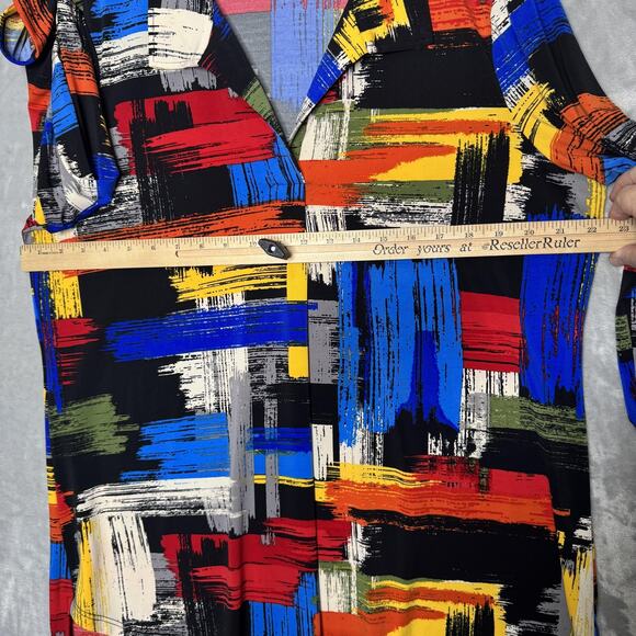 Ali Miles Top Womens Large Abstract Art Print Tunic Stretch V Neck 3/4 Ruched - Picture 8 of 12